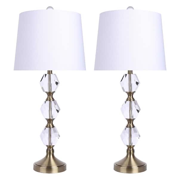 GRANDVIEW GALLERY 29.5 in. Crystal Table Lamp with Antique Soft Brass Accents and Off-White Linen Shade (2-Pack)