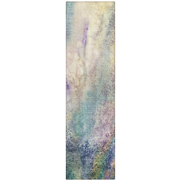 Beige Blue and Gray 2 ft. x 7 ft. Abstract Indoor / Outdoor Area Rug