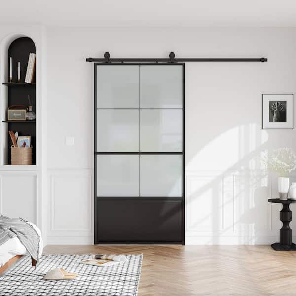 42 in. x 84 in. 3/4 Lites Frosted Glass Black Steel Frame Interior Barn Door with Sliding Hardware Kit