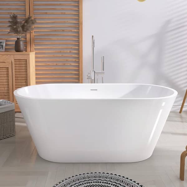 Getpro 51 in. x 27.5 in. Oval Free Standing Soaking Bath Tub Flat Bottom with Center Drain Freestanding Bathtub in White