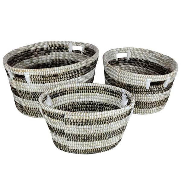 Natural 12 in. H x 23.5 in. W x 20 in. D Round Canes Grass Laundry Basket with Hollowed Handles (3-Pack)