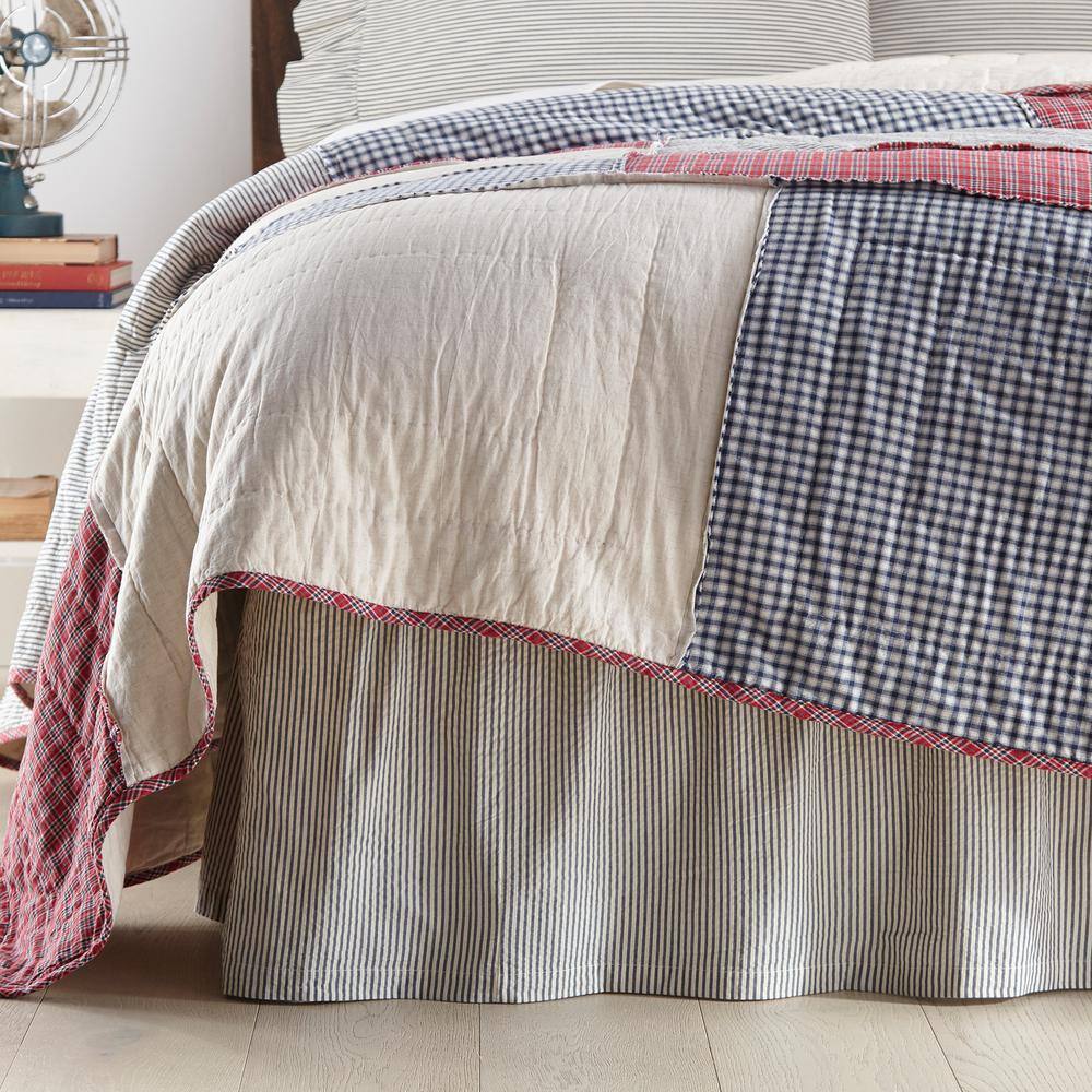 Denim Blue and White Cotton Queen Bed Skirt with Split Corners