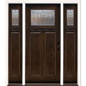 67.5 in.x81.625in.Phoenix Patina Craftsman Stained Chestnut Mahogany Left-Hd Fiberglass Prehung Front Door w/Sidelites