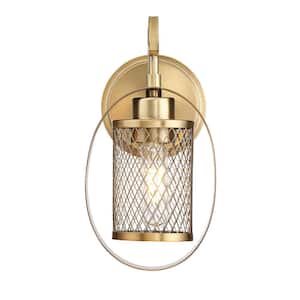 Meridian 6 in. W x 11.5 in. H 1-Light Natural Brass Wall Sconce with Textured Cylindrical Mesh Shade