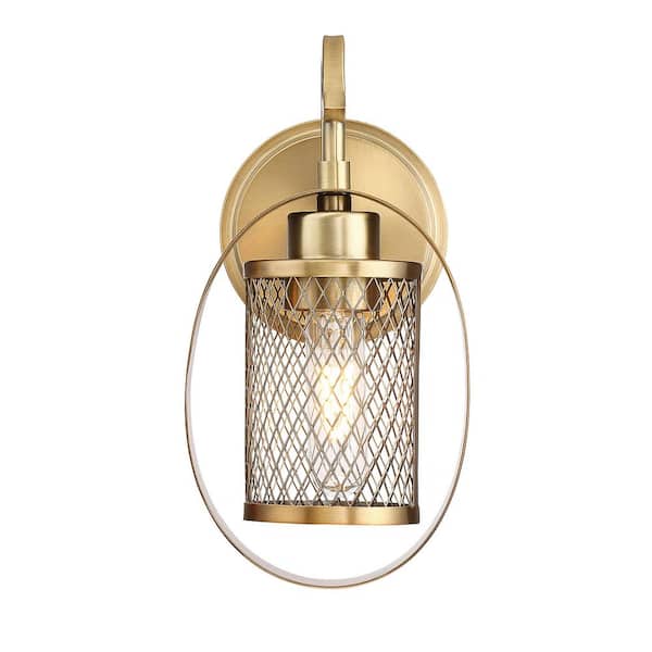 TUXEDO PARK LIGHTING 6 in. W x 11.5 in. H 1-Light Natural Brass Wall Sconce with Textured Cylindrical Mesh Shade