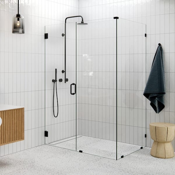 53 in. W x 37 in. D x 78 in. H Pivot Frameless Corner Shower Enclosure in Matte Black Finish with Clear Glass