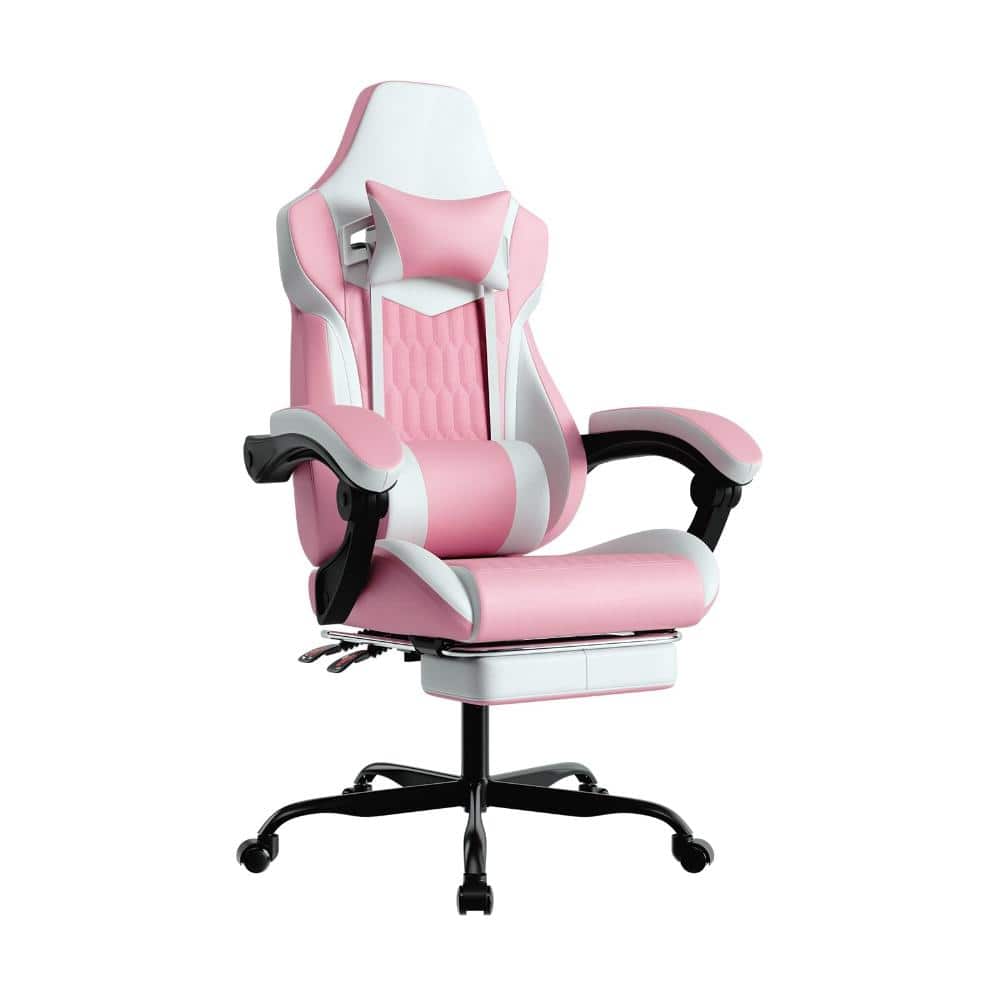 50.39 in. H Pink High Back Gaming Chair with Footrest, PVC Leather Gamer Chair with Adjustable Headrest Lumbar Support