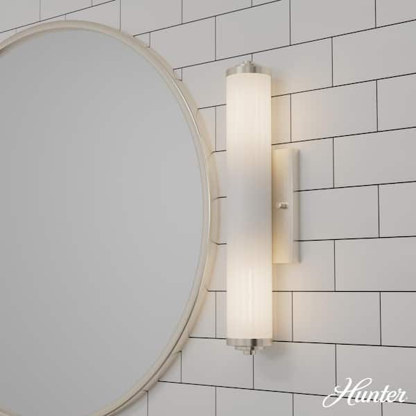 Hunter Holly Grove 18 in. 2-Light Brushed Nickel Vanity Light with Cased White Ribbed Glass Shades