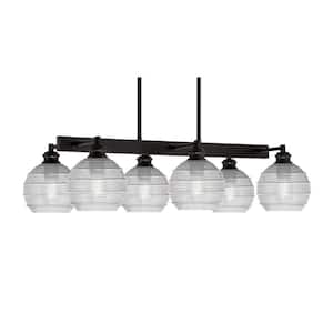 Albany 6 Light Espresso Downlight Chandelier, Linear Chandelier for the Kitchen with Clear Ribbed Glass Shades