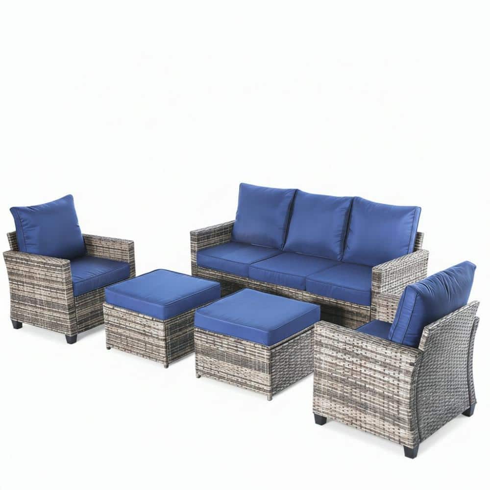 5-Piece Wicker Outdoor Patio Sectional Sofa Conversation Set with Dark Blue Cushions price history on PriceWatchPro
