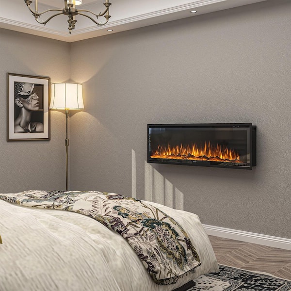 50 in.Recessed Wall-Mounted Electric Fireplace with Freestanding Iron Stand, 12 LED Flame,Log and Crystal Media in Black