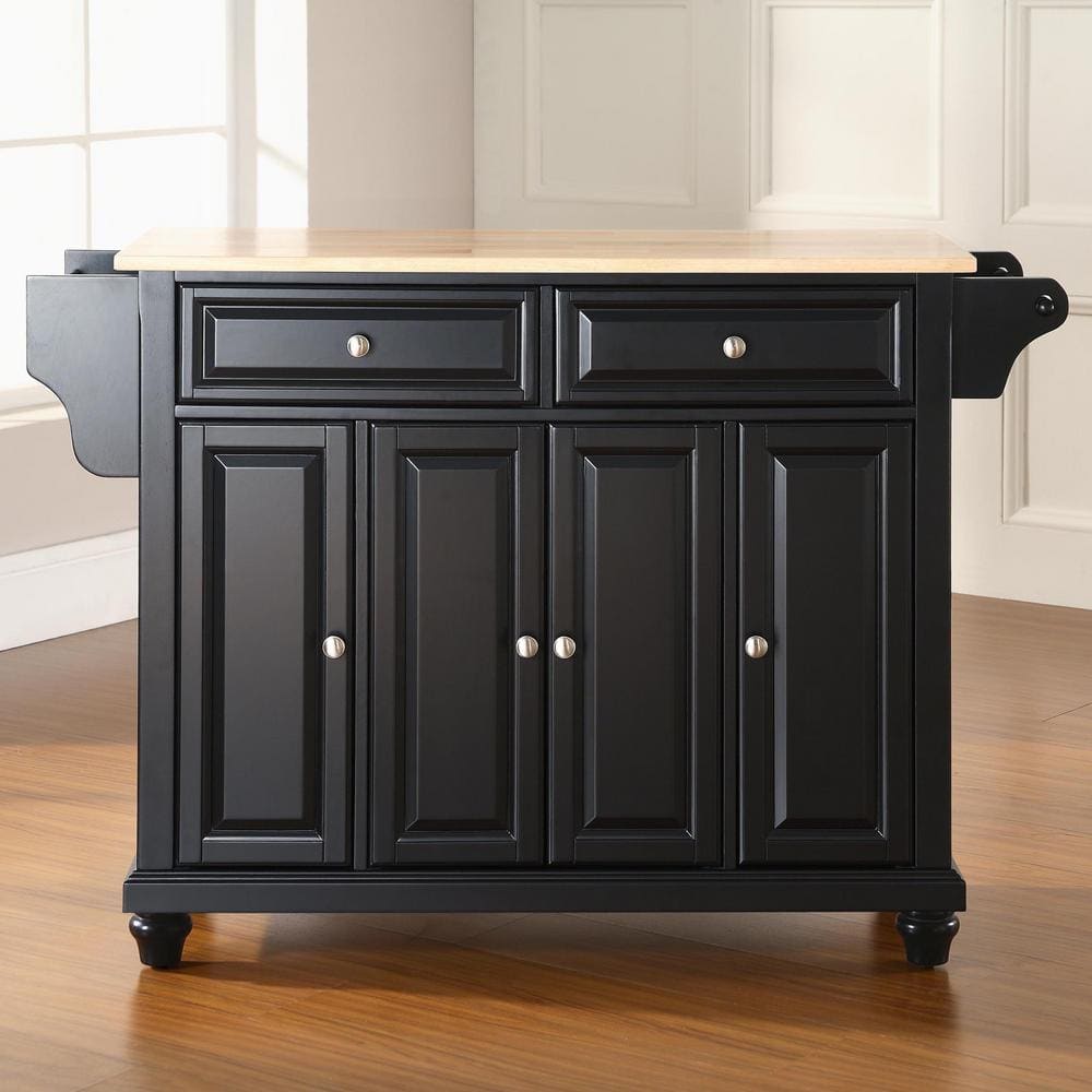 Cambridge 46" Black Kitchen Island with Natural Wood Top and Storage