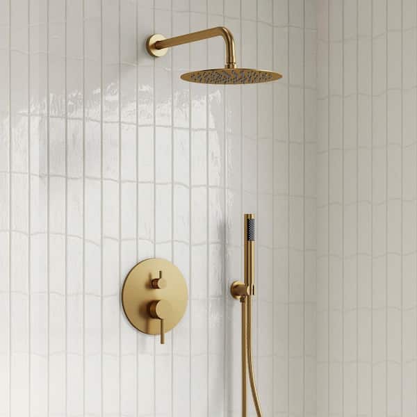 2-Spray Patterns Round 10 in. Wall Mount Dual Shower Heads with Handheld in Brushed Gold