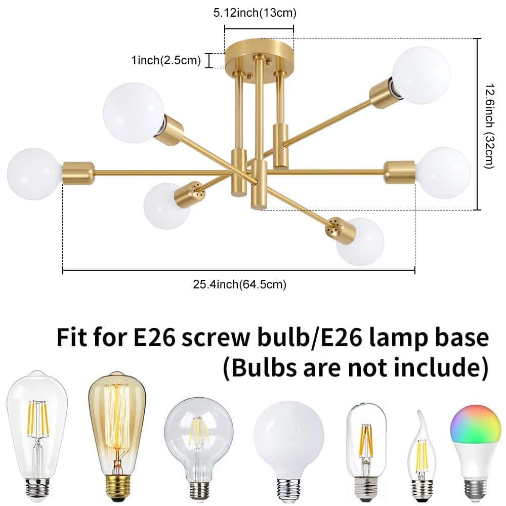 Gold 6-Light Sputnik Semi-Flush Mount Ceiling Fixture