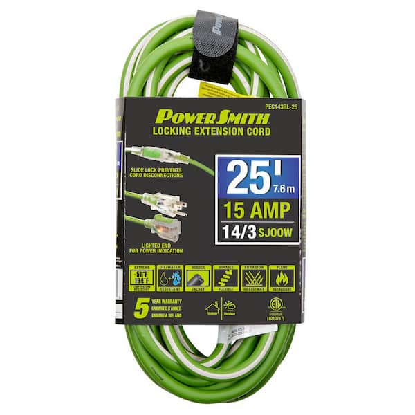 PowerSmith 25 ft. 14/3 AWG Rubber Jacket 15 Amp Heavy-Duty Indoor/Outdoor Locking Extension Cord, Green