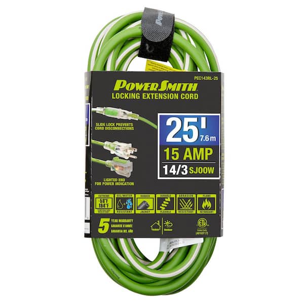 25 ft. 14/3 AWG Rubber Jacket 15 Amp Heavy-Duty Indoor/Outdoor Locking Extension Cord, Green
