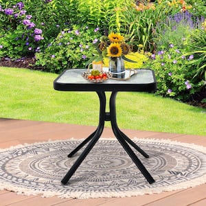 Square Metal 18.5" Patio End Table Outdoor Side Table with Tempered Glass Tabletop Black