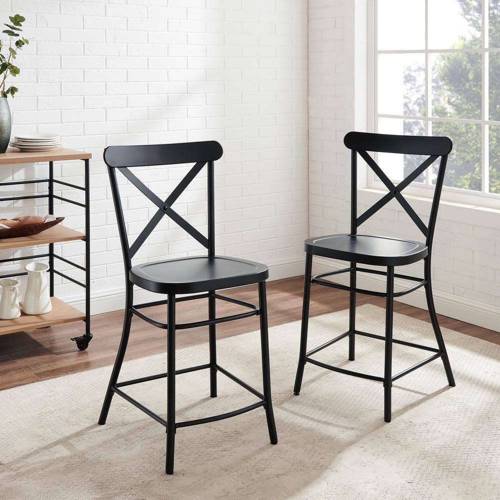 French Industrial Revival Matte Black Steel Counter Stools, Set of 2