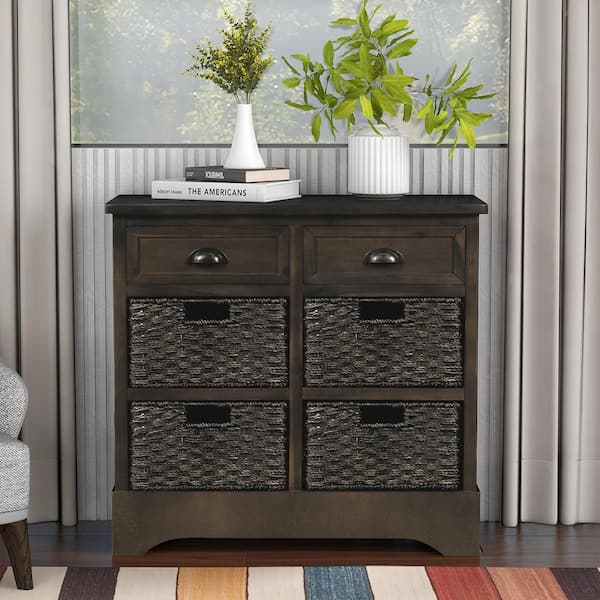 CSC DECOR INC Brown Gray 28 in. H Rustic Storage Cabinet with Two Drawers and Four Classic Rattan Basket for Dining Room Living Room
