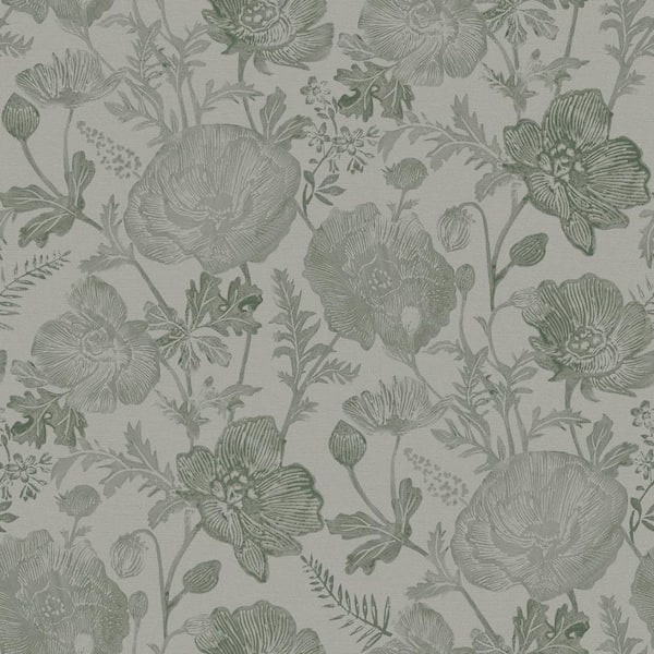 Pure Salt Moss Green Poppies Textured Vinyl Peel and Stick Wallpaper Roll (56.38 sq. ft. )