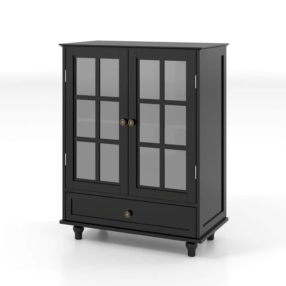 28 in. W x 15 in. D x 36 in. H Modern Wooden Storage Pantry Buffet Cabinet in Black with 2 Glass Doors and 1 Drawer price history on PriceWatchPro