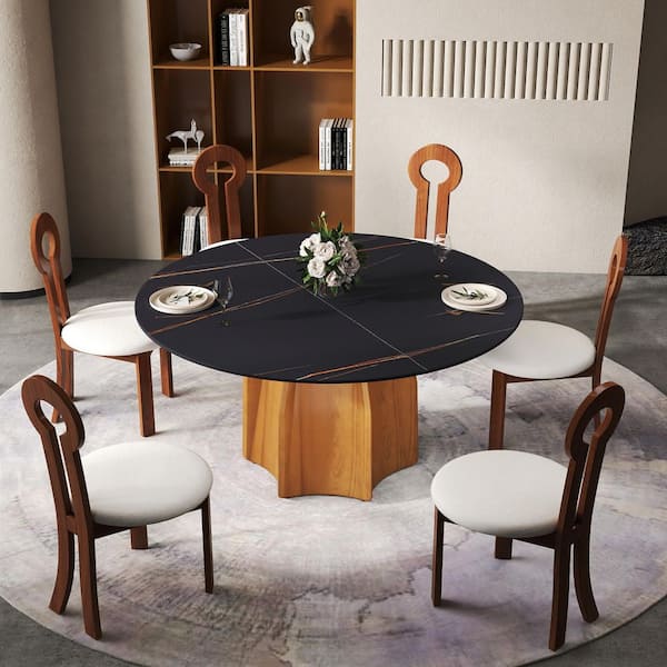 Magic Home 59.05 in. Black Round Sintered Stone Tabletop Walnut Pedestal Base Kitchen Dining Table (Seats-8)