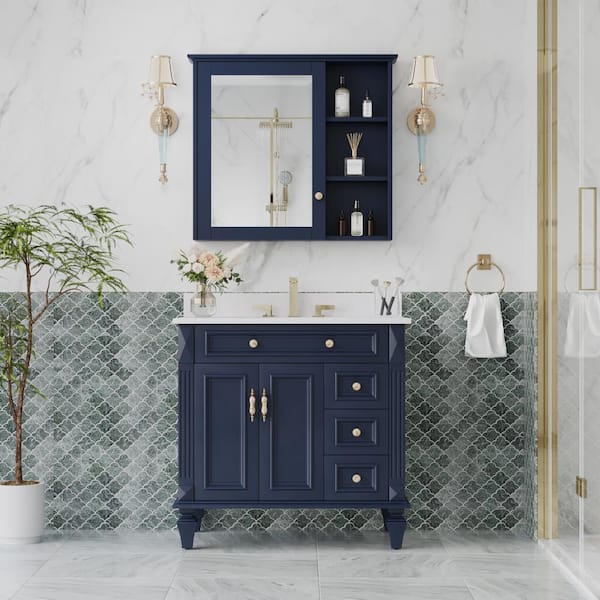 Forclover Assembled Solid Wood 34-in x 30-in Surface Mount Navy Blue Mirrored Soft Close Medicine Cabinet