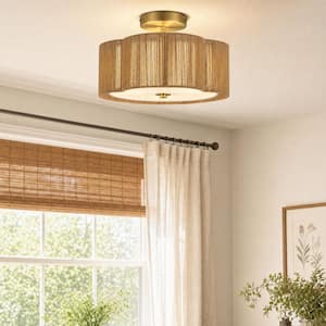 13 in. 3-Light Brushed Brass Natural Rattan Semi-Flush Mount Ceiling Light with Petal Shade