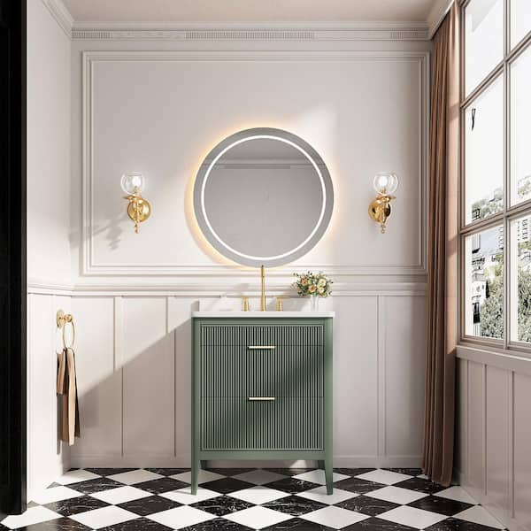 30 in. Single Sink Solid Wood Green Bath Vanity with White Cultured Marble Top, Fully Assembled