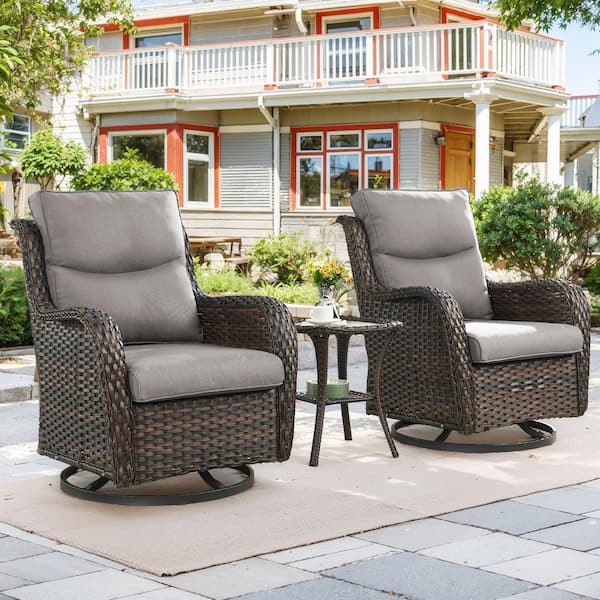 3-Piece Brown Swivel Glider Wicker Outdoor Rocking Chair with Gray Cushions and Side Table