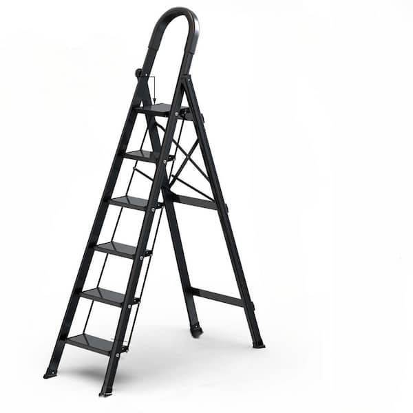 Aluminum Reach 12 ft. 6 Step Ladder Folding Stool with Anti-Slip Wide Pedal for Home Kitchen Space Saving Black 50 in. H