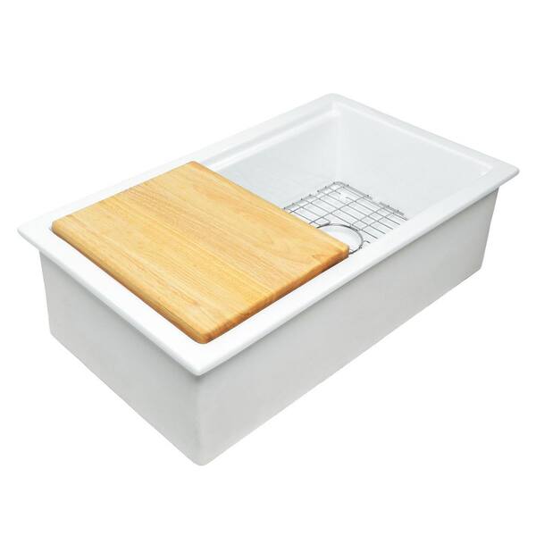 Eden 32 in. White Undermount Fireclay Single Bowl Workstation Kitchen Sink with Cutting Board and Bottom Grid