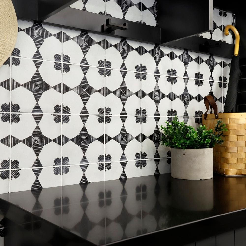Moderno Black and White Porcelain 8" x 8" Decorative Tile