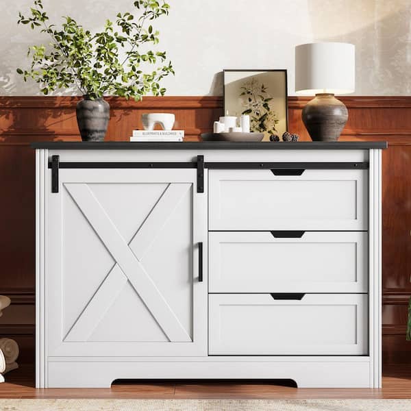Antique White 32.5 in. H Accent Cabinet with Drawer and Sliding Barn Door Floor Storage Cabinet Dining Buffet Sideboard