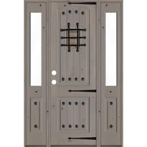 58 in. x 96 in. Mediterranean Knotty Alder Right-Hand/Inswing Clear Glass Grey Stain Wood Prehung Front Door w/DHSL