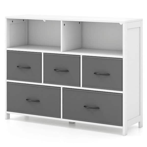 Costway White 5-Drawer 39.5 in. Dresser for Bedroom with 2 Large Fabric Bins