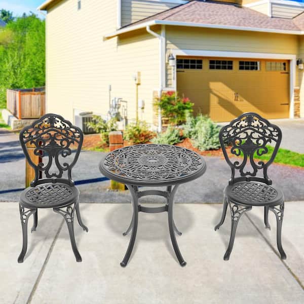 Unbranded Black 3-Piece Round Metal Outdoor Dining Furniture Set with Umbrella Hole, Wear-Resistant, Anti-Slip, Noise-Reducing