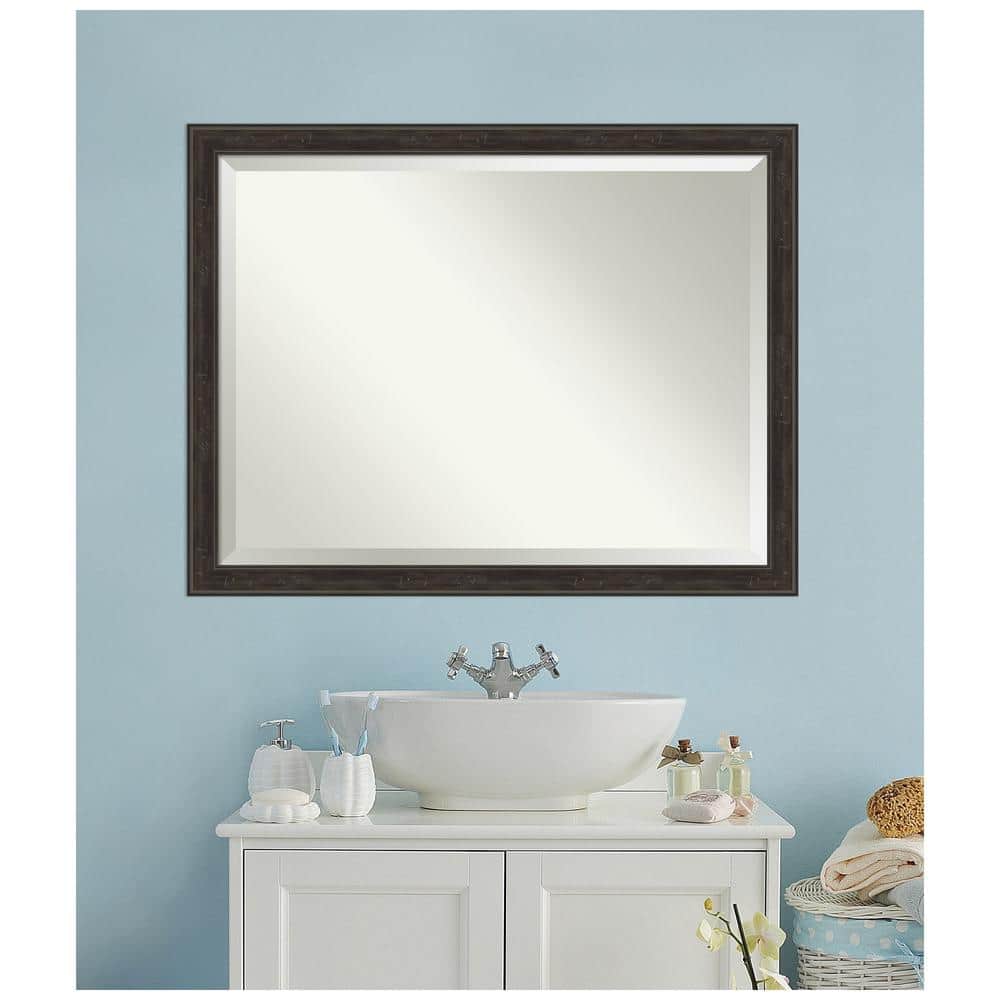 Graywash Brown Rectangular Beveled Bathroom Vanity Mirror