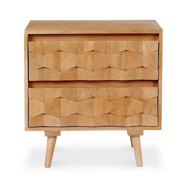 NADAAL STUDIOS Oxygen, 22 in. x 16 in. x 22 in. Nightstand Mid-Century Modern Solid Mango Wood, Dual Drawer, Light Golden Brown