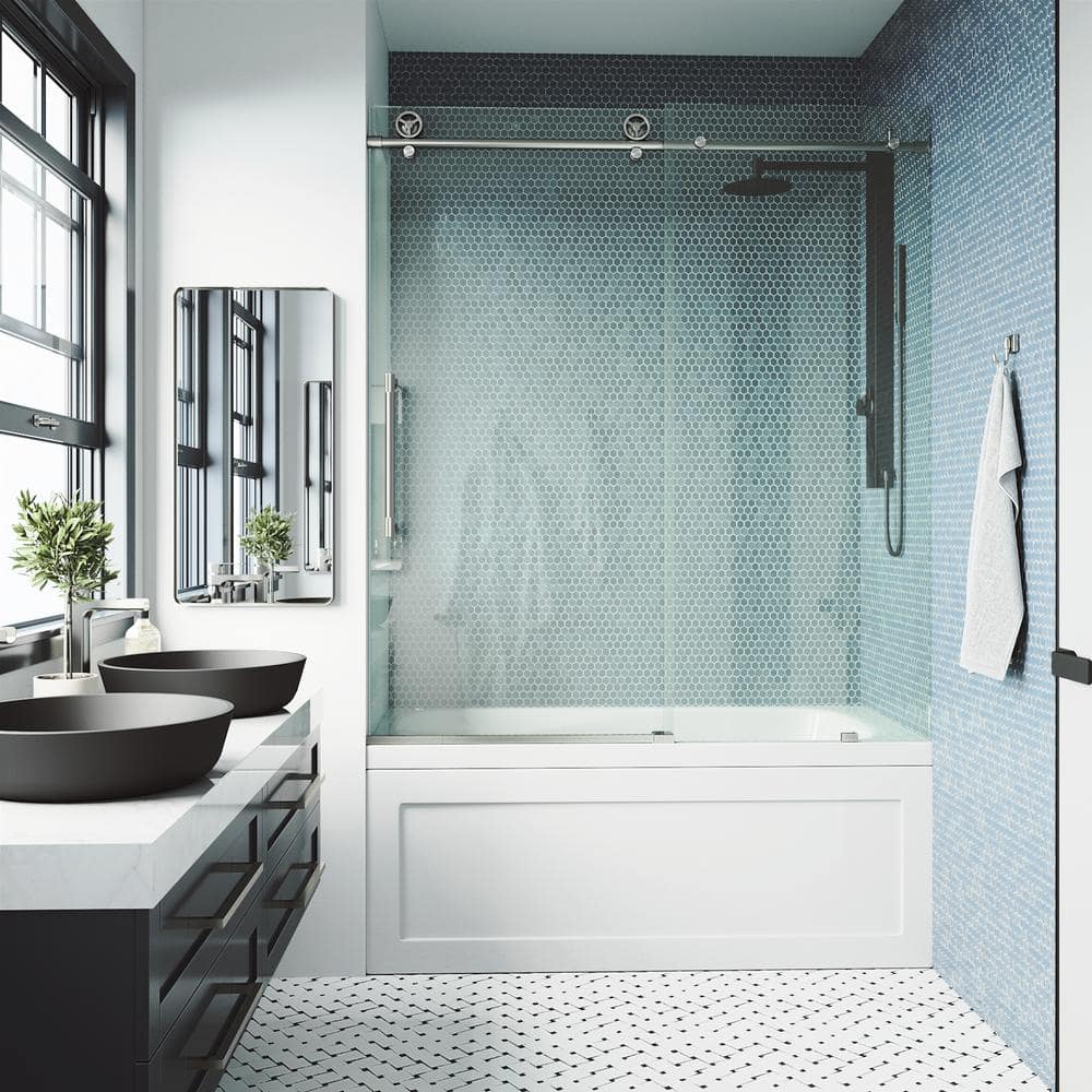 Elan Frameless Sliding Tub Door with Clear Glass and Stainless Steel
