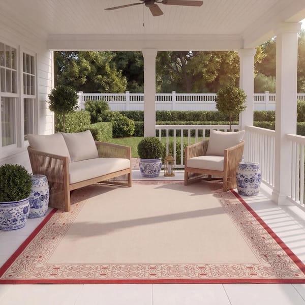 Courtyard Natural/Red 8 ft. x 11 ft. Border Indoor/Outdoor Patio Area Rug