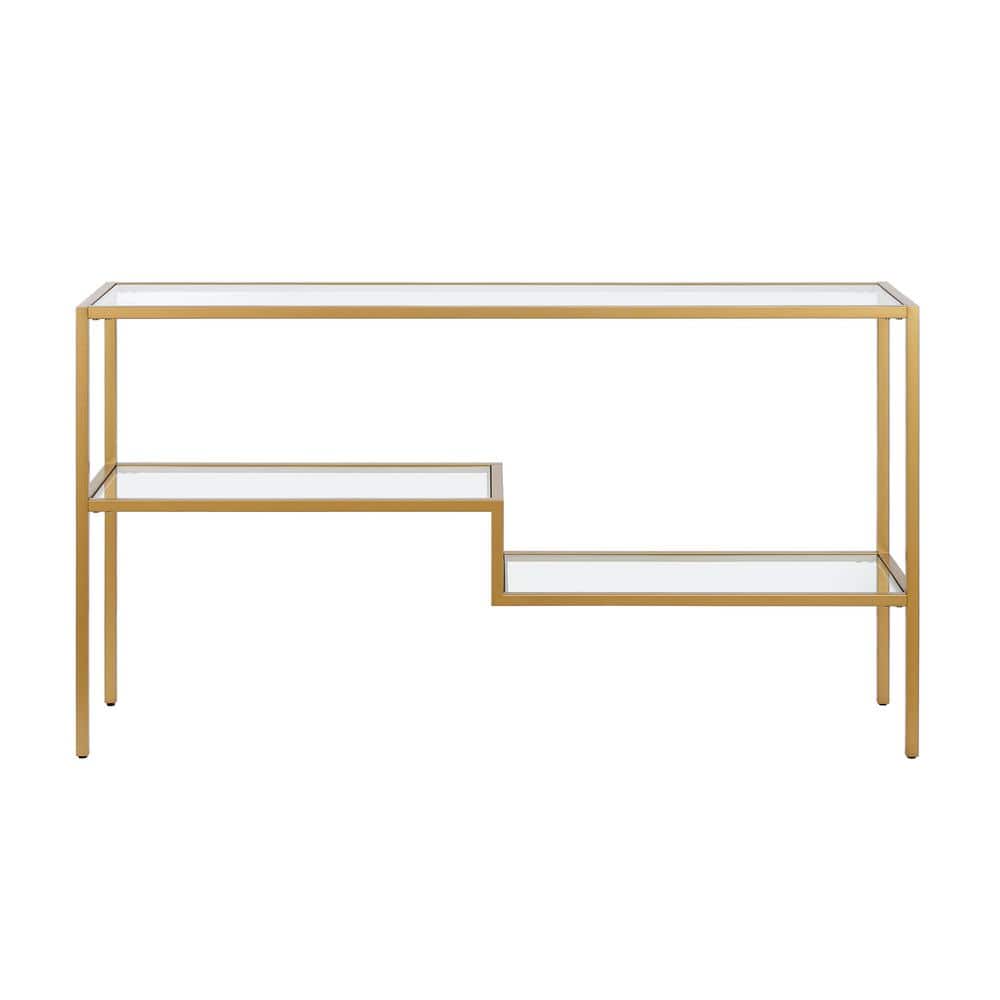 Evelyn&Zoe Lovett Modern Brushed Gold Console Table with Tempered Glass Shelves