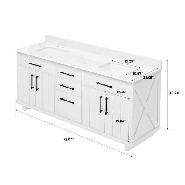 Jearey 72 in. White Wood Double Sink Freestanding Bathroom Vanity