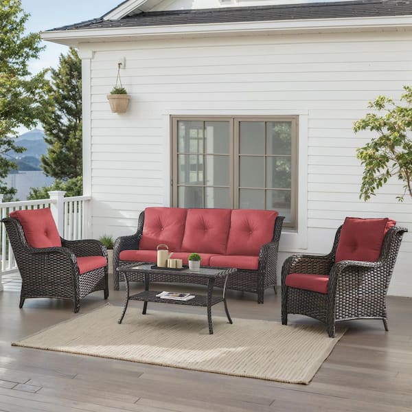 4-Piece Brown Wicker Patio Conversation Set with Olefin Red Cushions and Lounge Chairs/Sofa