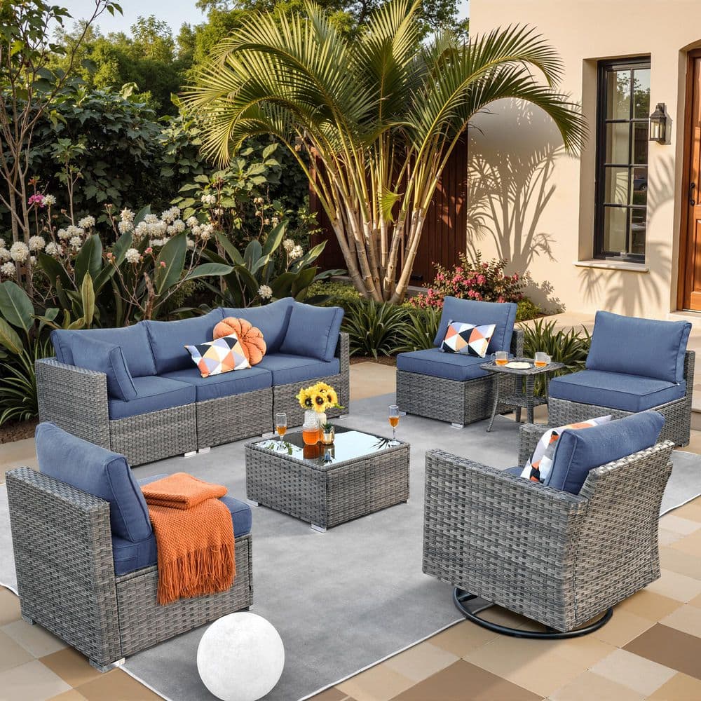 Sanibel Gray 9-Piece Wicker Outdoor Patio Conversation Sofa Set with a Swivel Rocking Chair and Denim Blue Cushions price history on PriceWatchPro
