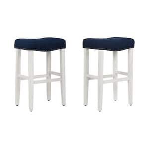 Jameson 29 in Bar Height Antique White Wood Backless Barstool with Black Faux Leather Upholstered Saddle Seat (Set of 2)