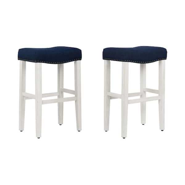 WESTINFURNITURE Jameson 29 in Bar Height Antique White Wood Backless Barstool with Black Faux Leather Upholstered Saddle Seat (Set of 2)