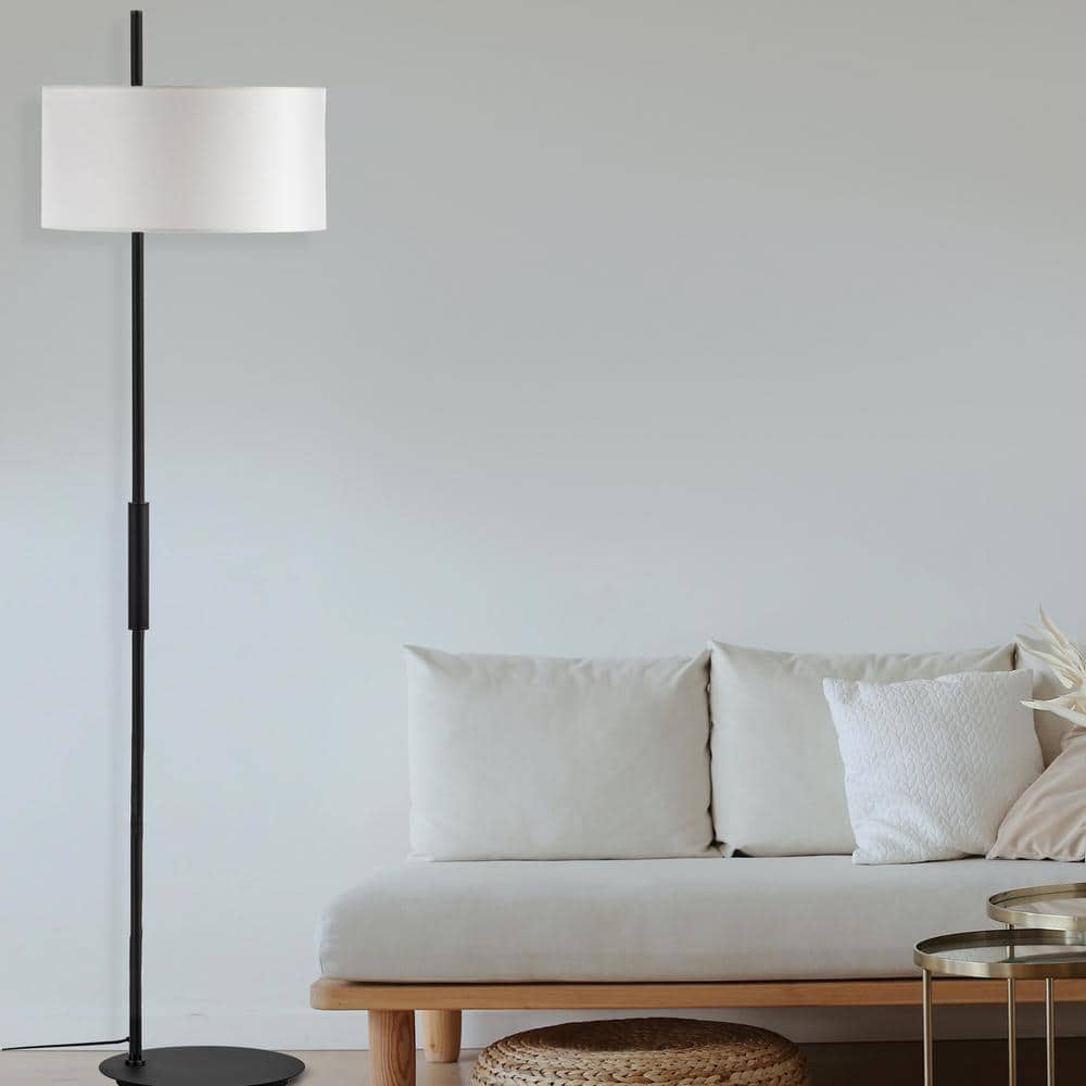 Matte Black and White Metal Floor Lamp with Fabric Shade