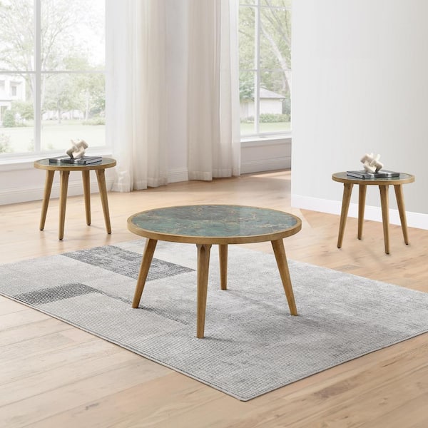 Steve Silver Novato 34 in. Round Green Stone Top Coffee Table and 2-End Tables (3-Piece)