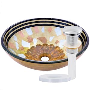 Celebrazione Hand-Painted Round Glass Vessel Sink in Multi-Color with Pop-Up Drain in Chrome